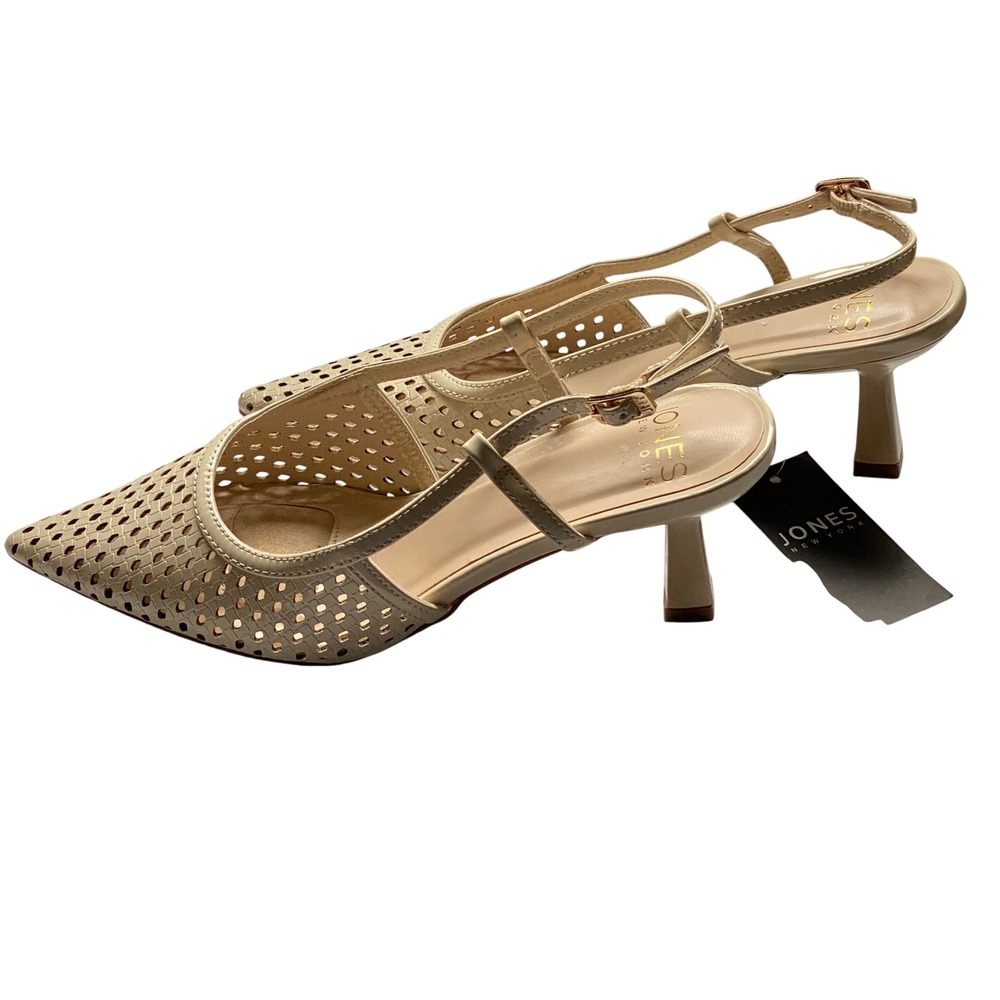 Jones New York Women Cream Perforated Pointed Toe Slingback Kitten Heels NWOB